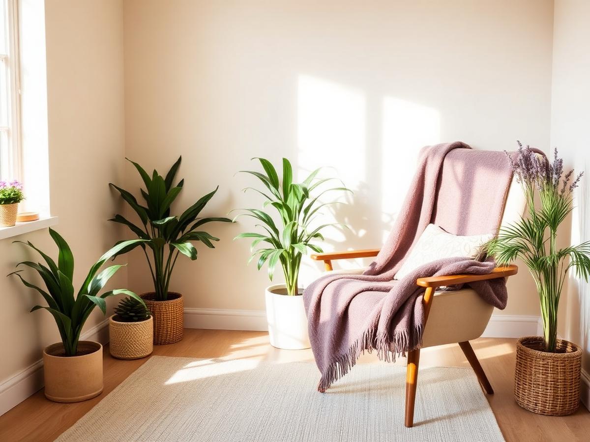 A sunlit corner with a soft throw over a wooden chair, surrounded by plants and lavender