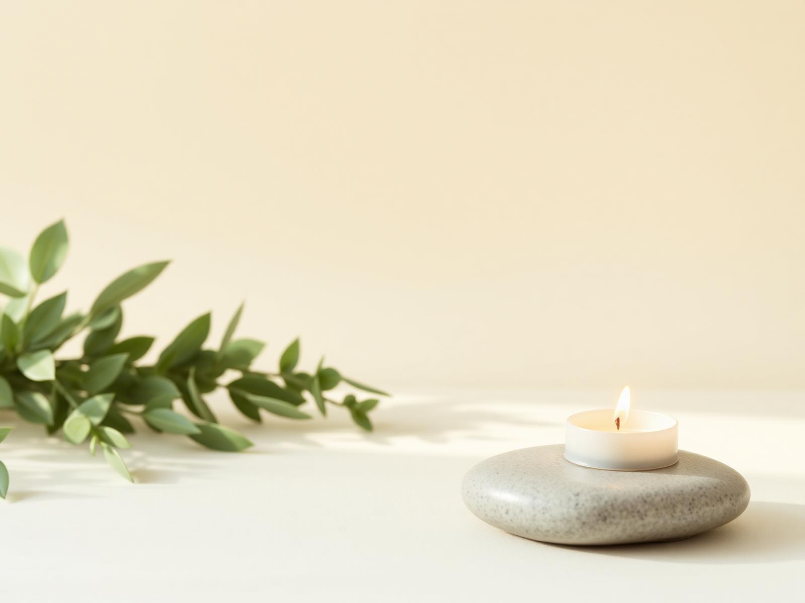 Sage leaves and a lit tea light resting on a smooth stone in warm morning light